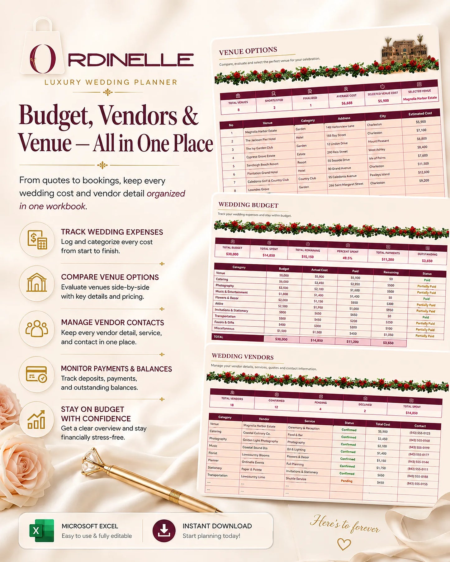 ORDINELLE Wedding Planner Pro — Complete Excel Wedding Planning System