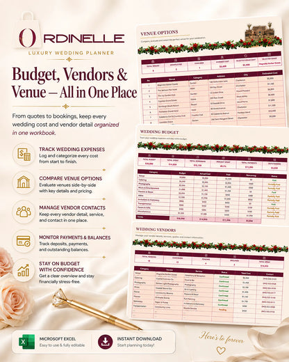 ORDINELLE Wedding Planner Pro — Complete Excel Wedding Planning System