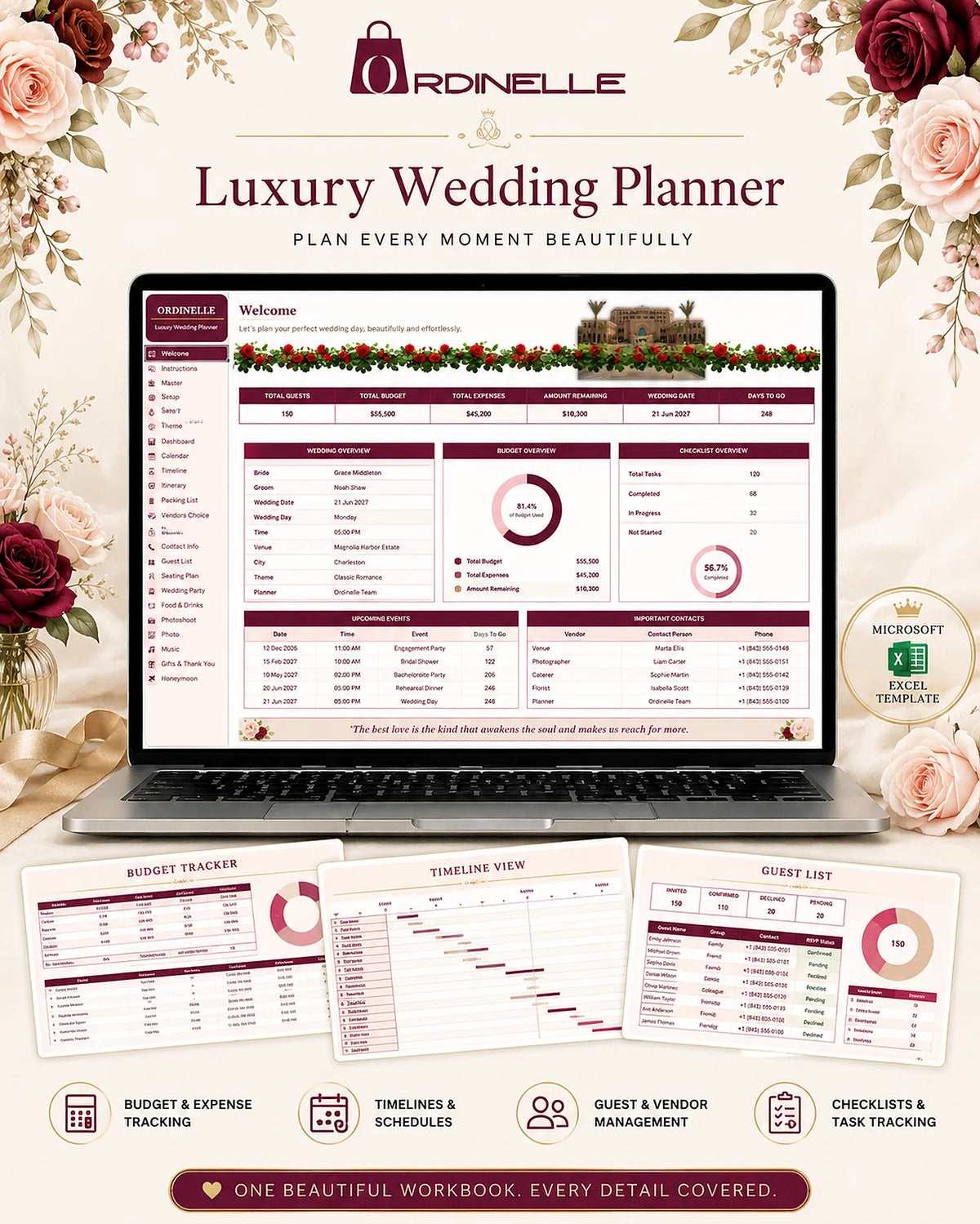 ORDINELLE Wedding Planner Pro shown on a laptop, with the Setup and Master worksheets