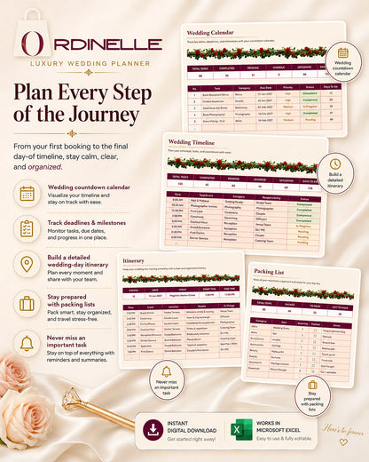 ORDINELLE Wedding Planner Pro — Complete Excel Wedding Planning System
