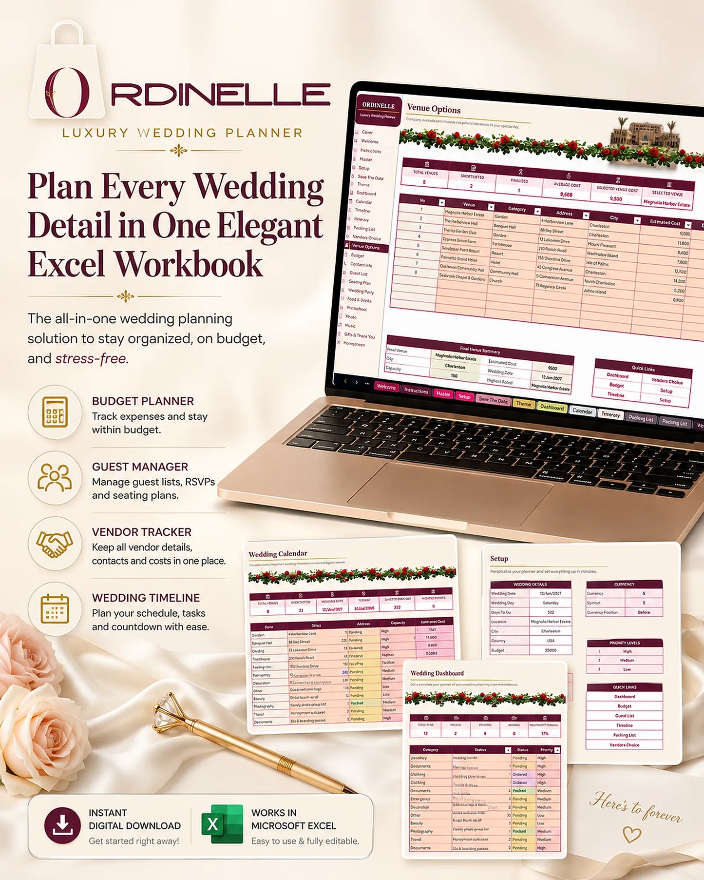 ORDINELLE Wedding Planner Pro — Complete Excel Wedding Planning System