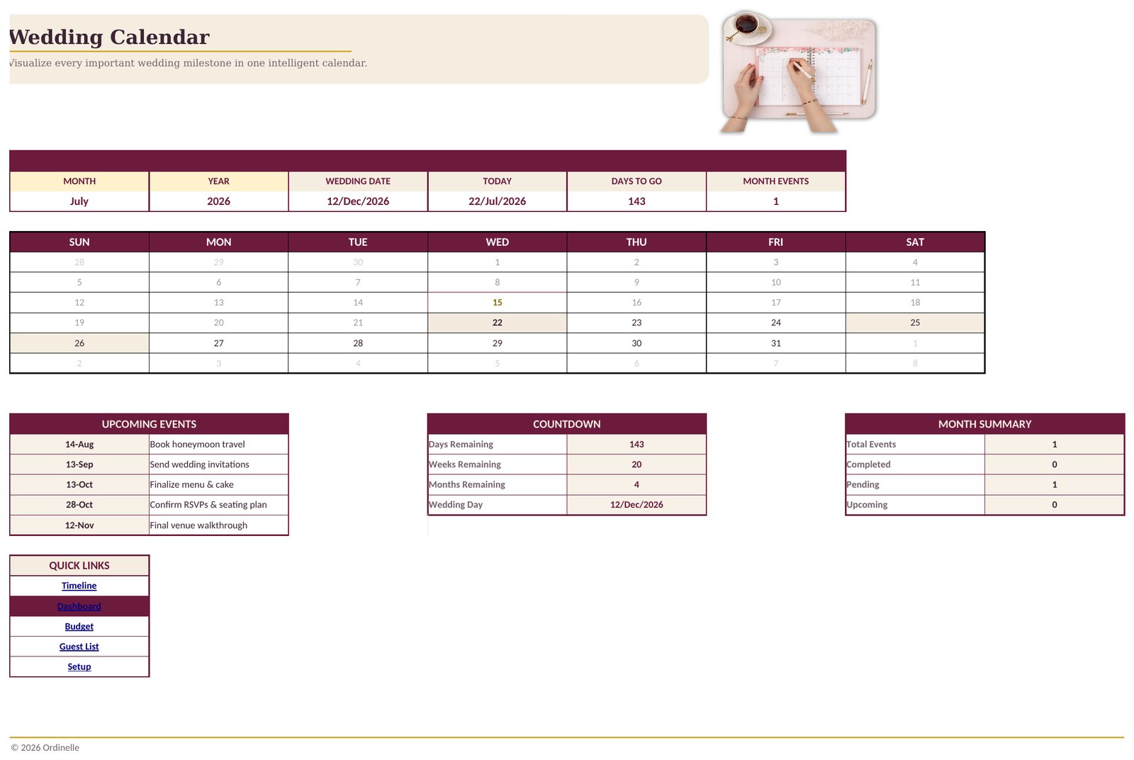 The Wedding Calendar worksheet showing the month view and countdown