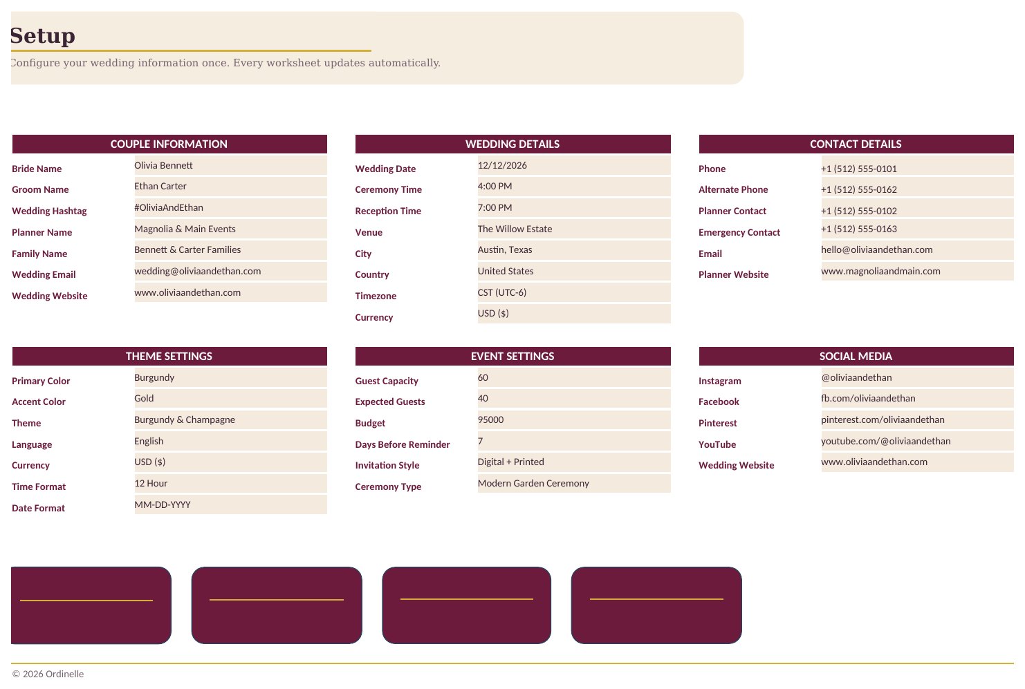 The Setup worksheet with couple information, wedding details, theme and currency settings